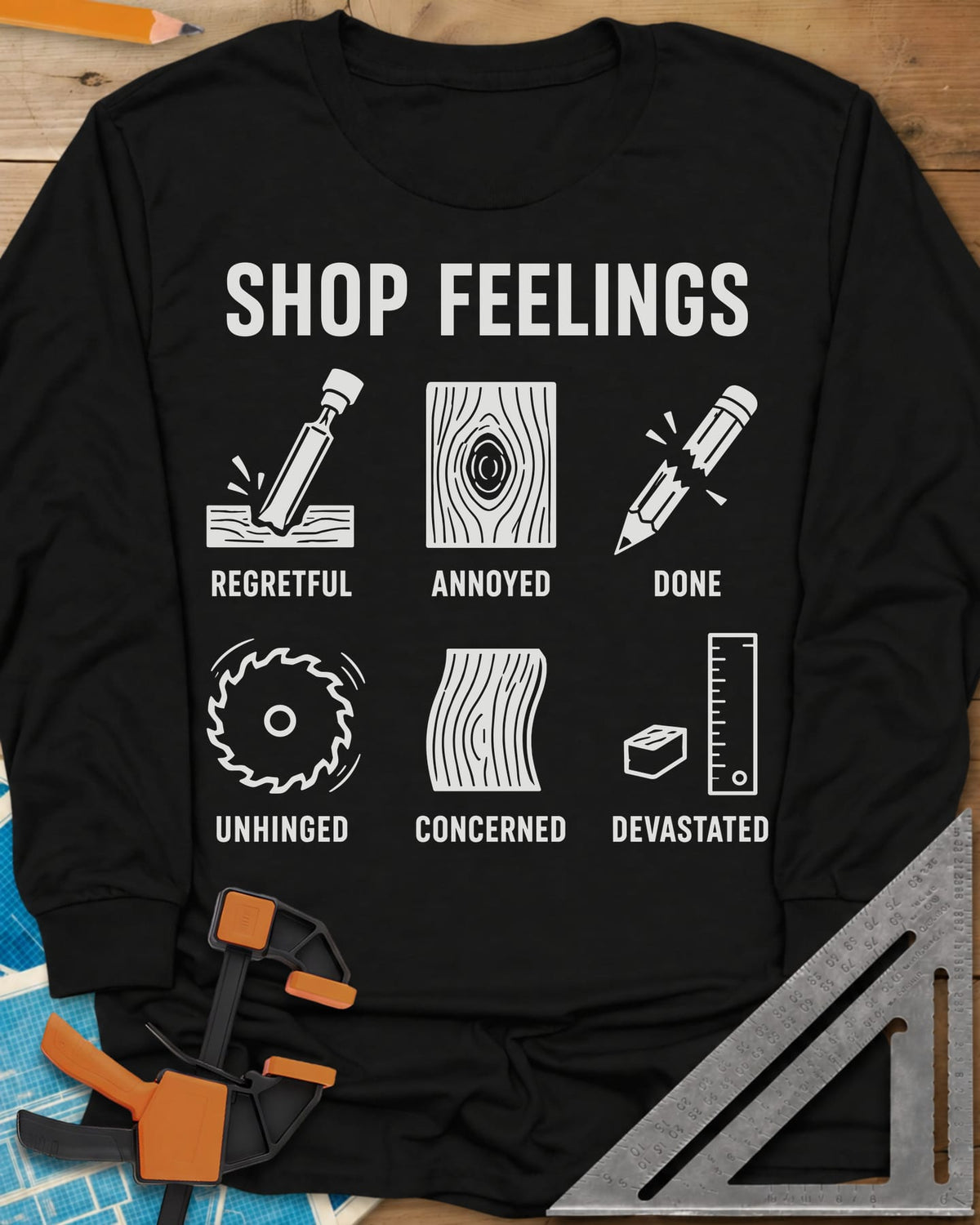 Shop Feelings long sleeve shirt in Black, six small icons from a chisel to a snapped pencil, each labeled