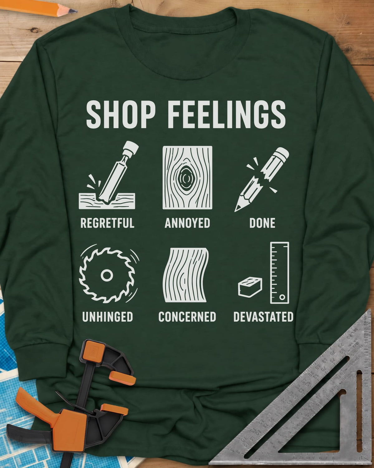 Shop Feelings long sleeve shirt in Forest Green, six small icons from a chisel to a snapped pencil, each labeled