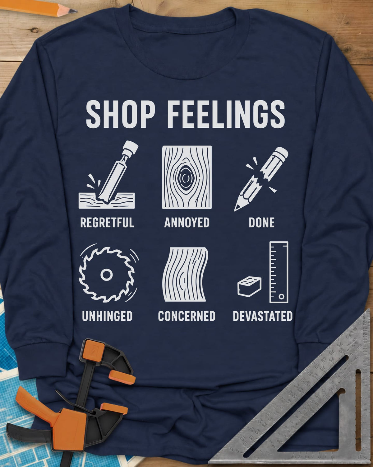 Shop Feelings long sleeve shirt in Navy, six small icons from a chisel to a snapped pencil, each labeled