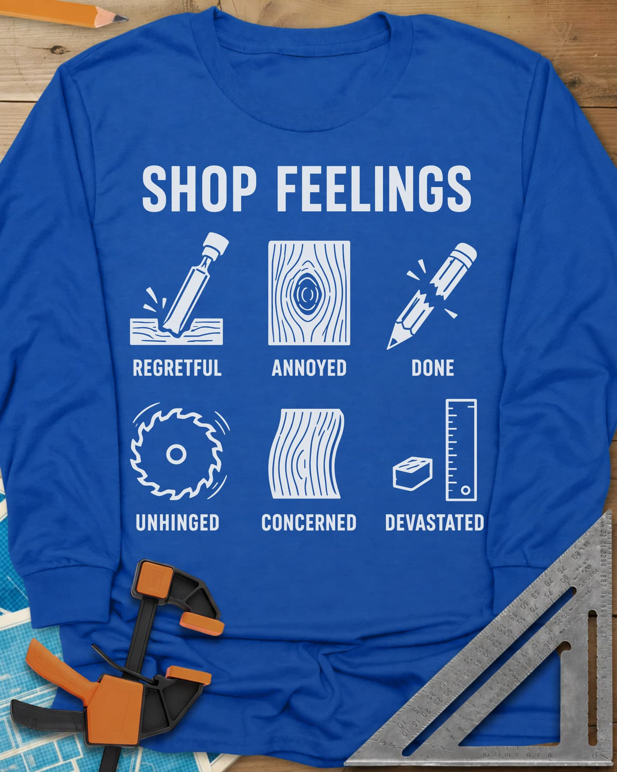 Shop Feelings long sleeve shirt in Royal, six small icons from a chisel to a snapped pencil, each labeled
