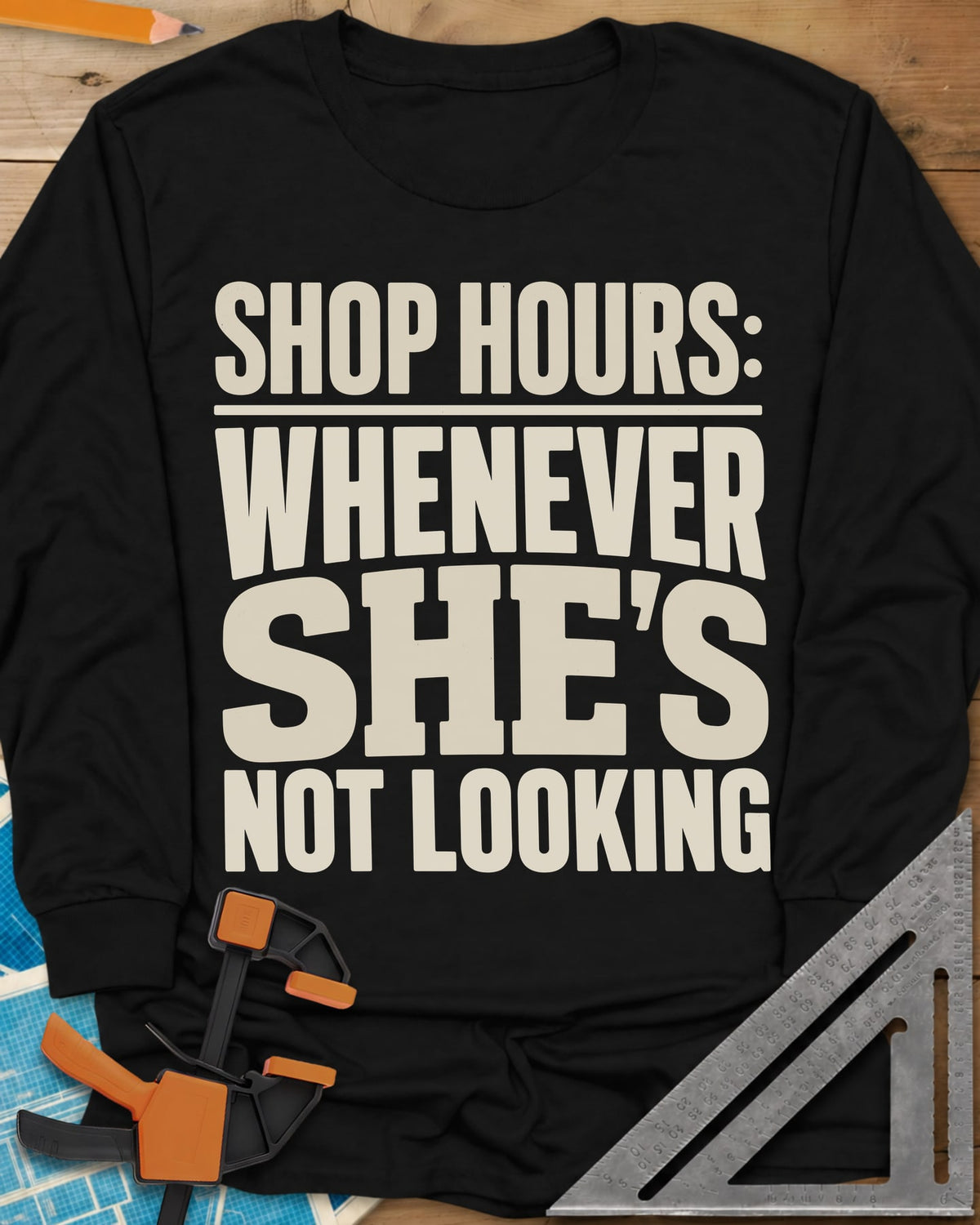Shop Hours long sleeve shirt in Black, stacked block lettering with SHE'S set largest
