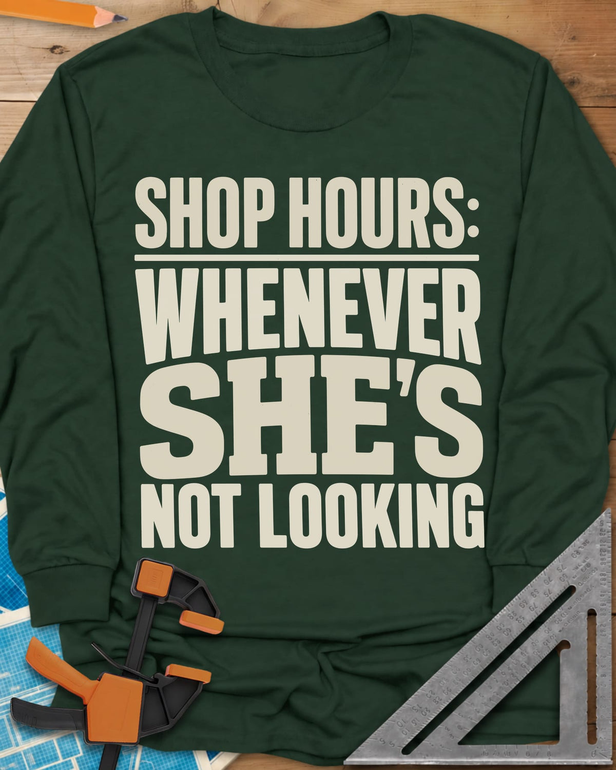 Shop Hours long sleeve shirt in Forest Green, stacked block lettering with SHE'S set largest