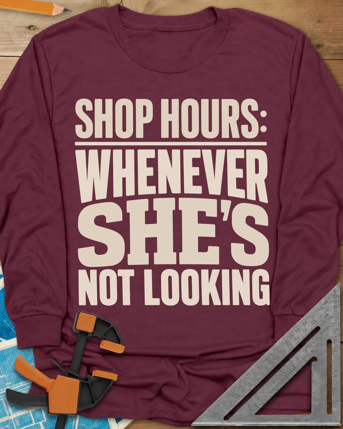 Shop Hours long sleeve shirt in Maroon, stacked block lettering with SHE'S set largest