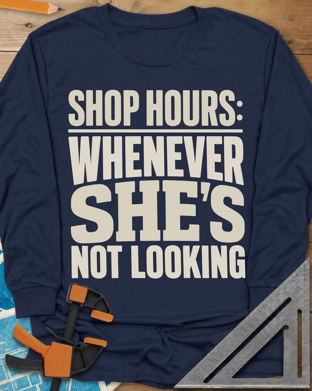 Shop Hours long sleeve shirt in Navy, stacked block lettering with SHE'S set largest