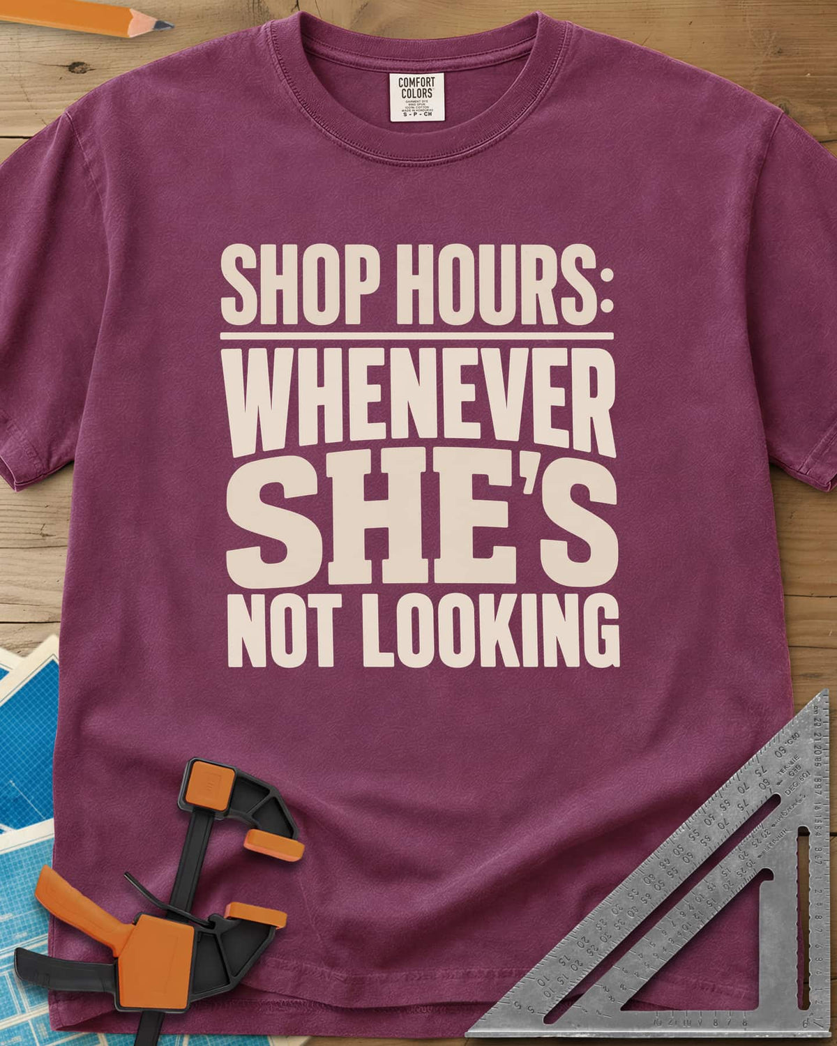 Shop Hours heavyweight tee in Berry, stacked block lettering with SHE'S set largest