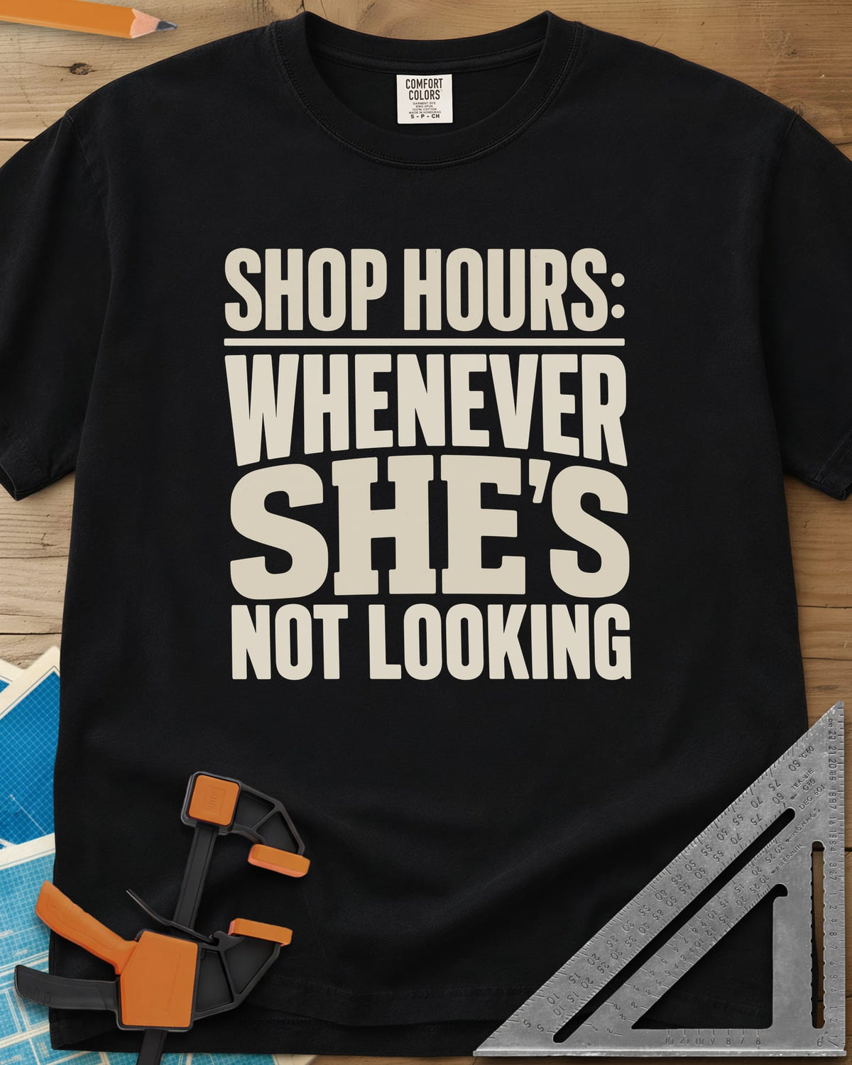 Shop Hours heavyweight tee in Black, stacked block lettering with SHE'S set largest