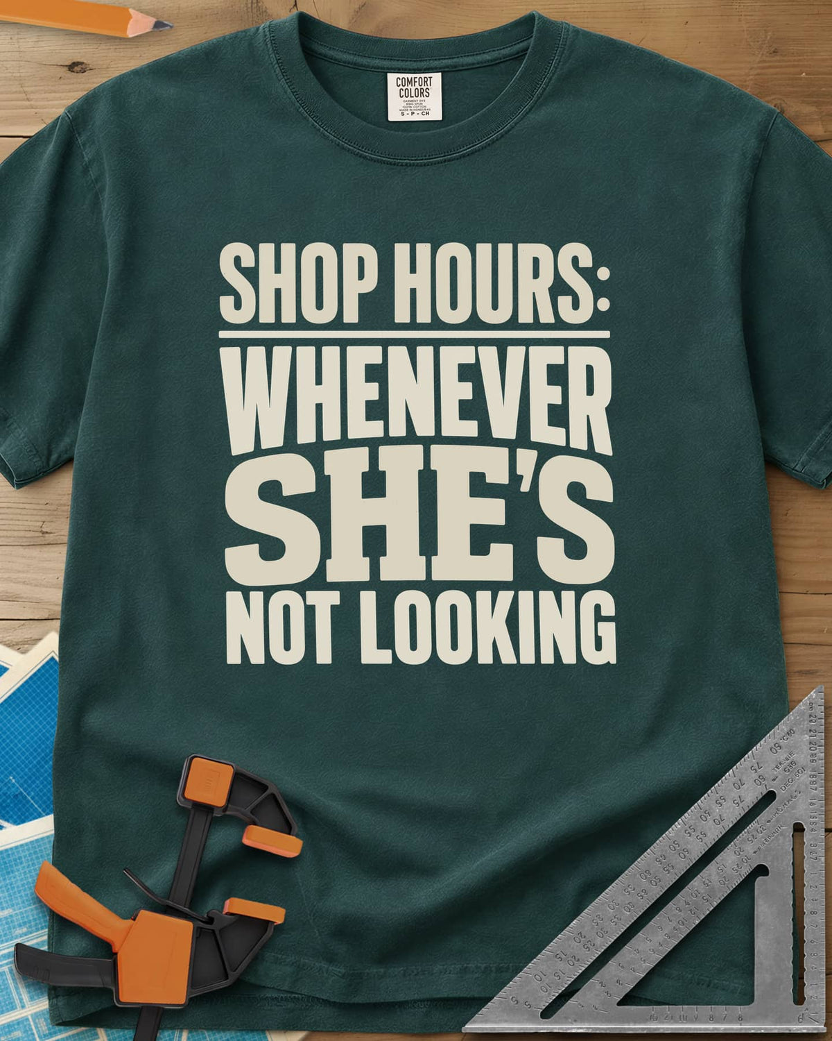 Shop Hours heavyweight tee in Blue Spruce, stacked block lettering with SHE'S set largest