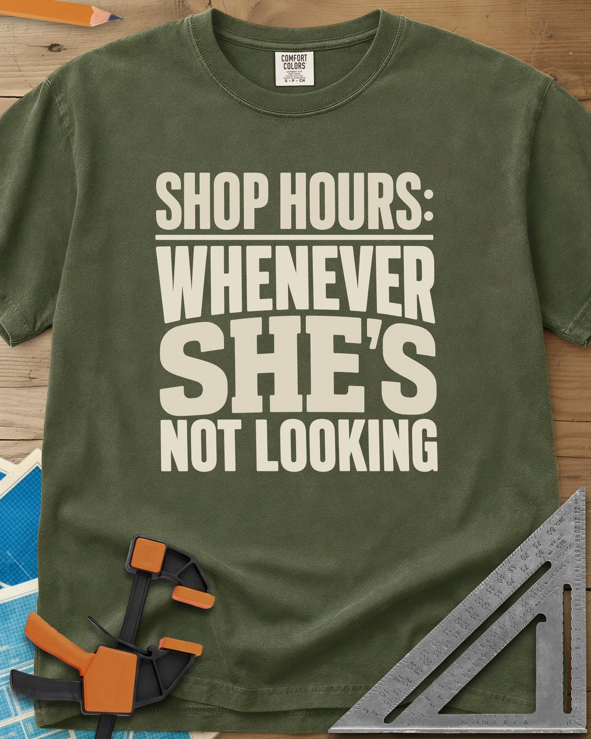Shop Hours heavyweight tee in Hemp, stacked block lettering with SHE'S set largest