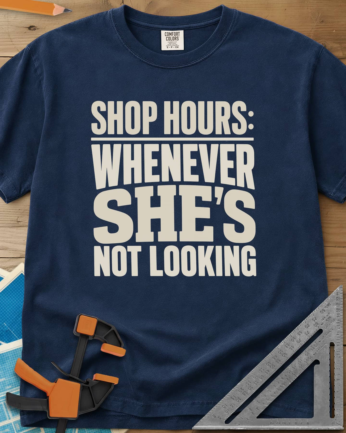 Shop Hours heavyweight tee in Navy, stacked block lettering with SHE'S set largest