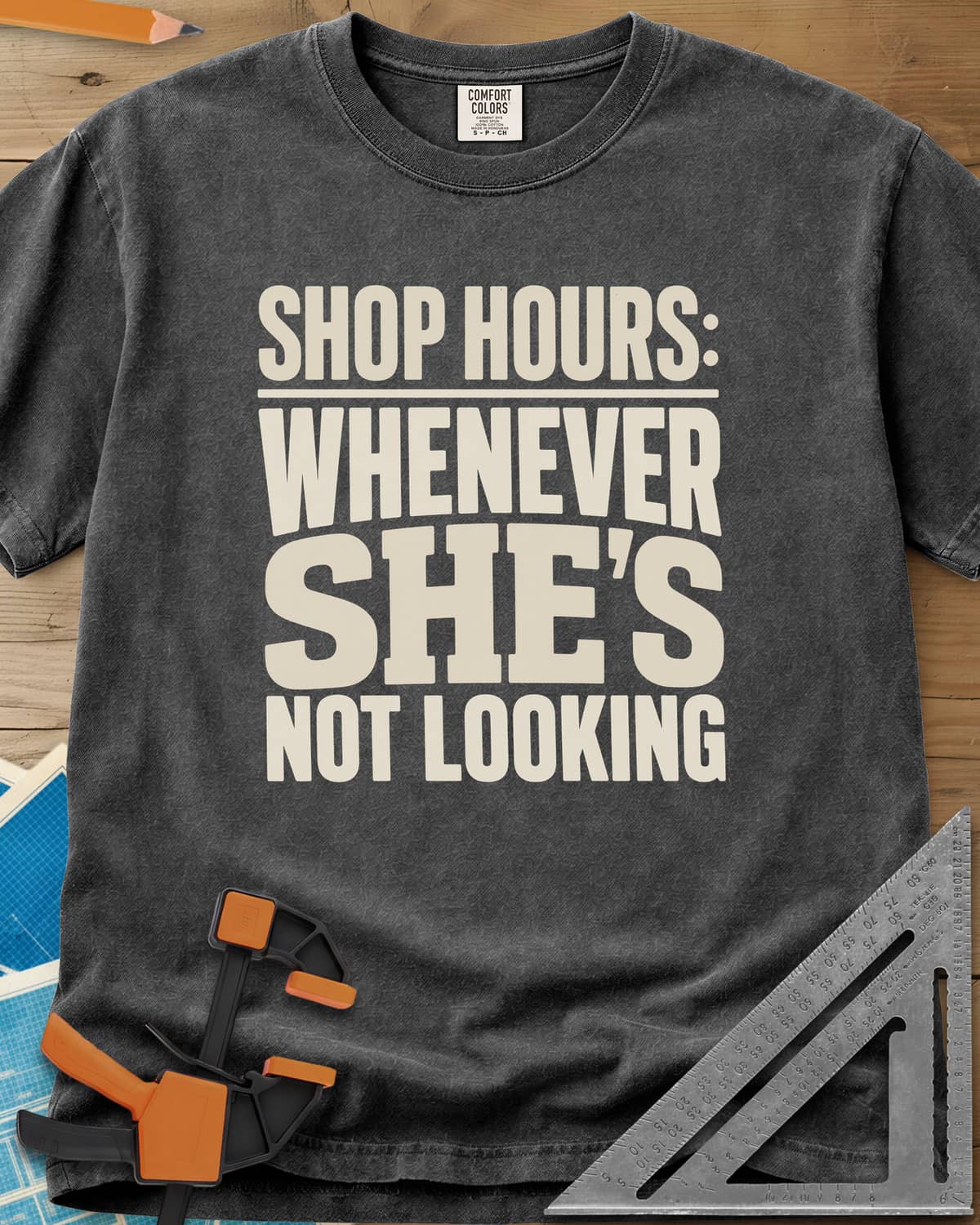 Shop Hours heavyweight tee in Pepper, stacked block lettering with SHE'S set largest