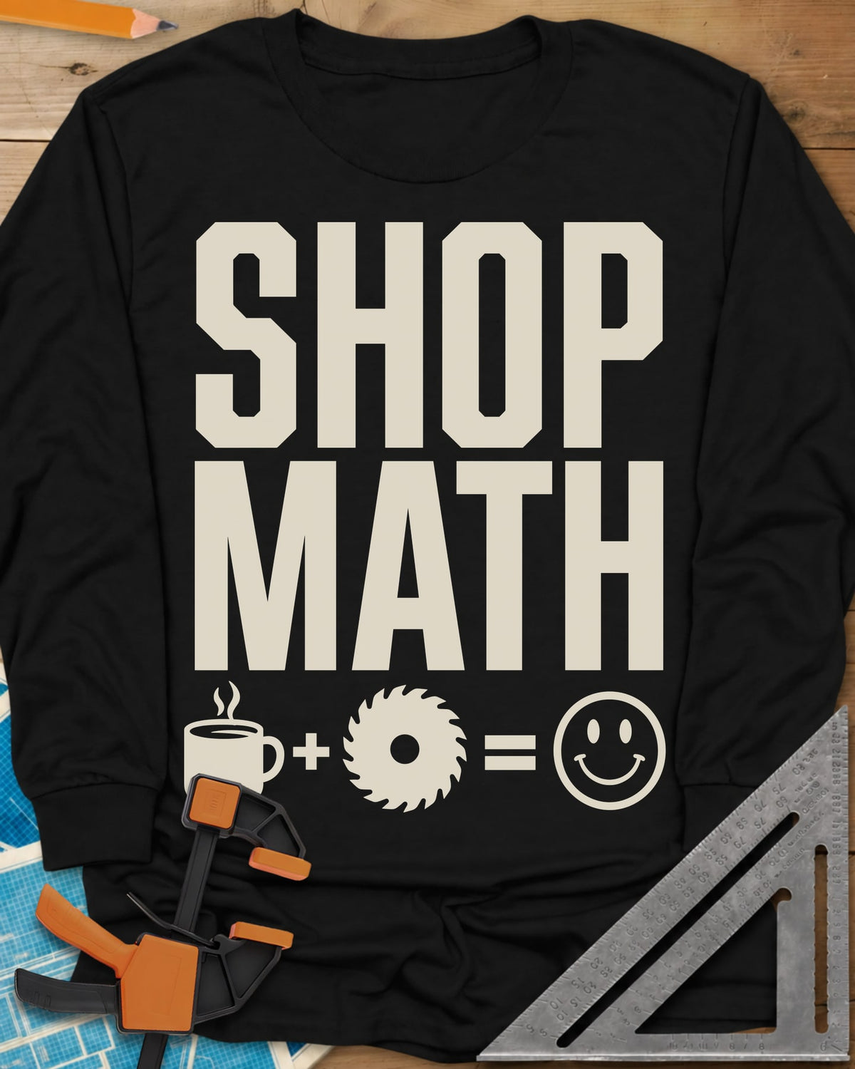 Shop Math long sleeve shirt in Black, a coffee mug plus a saw blade equals a smiley face