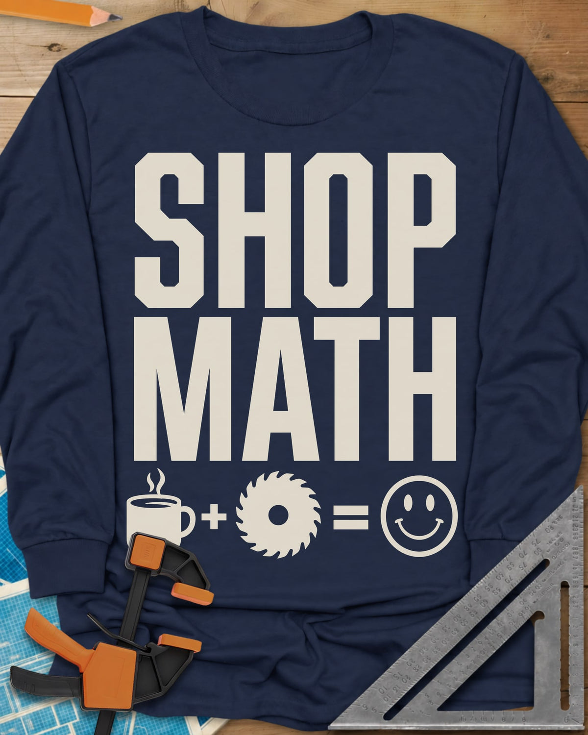 Shop Math long sleeve shirt in Navy, a coffee mug plus a saw blade equals a smiley face