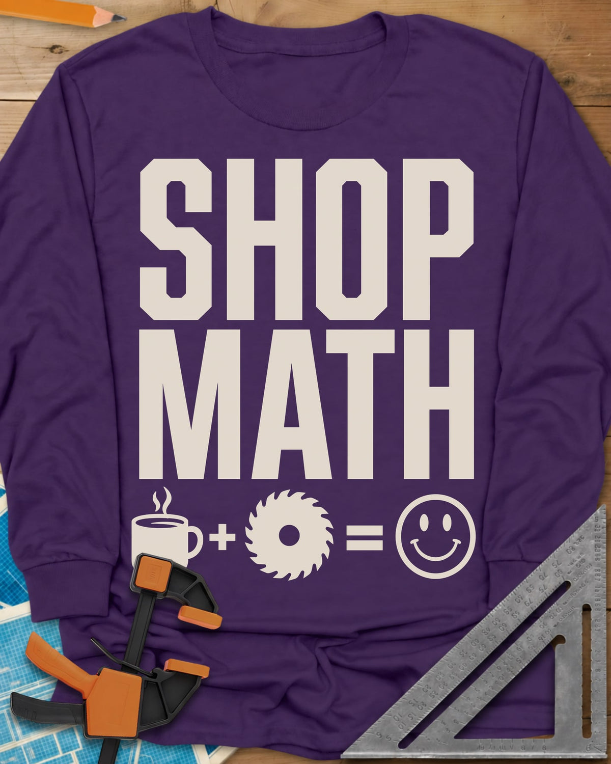 Shop Math long sleeve shirt in Purple, a coffee mug plus a saw blade equals a smiley face