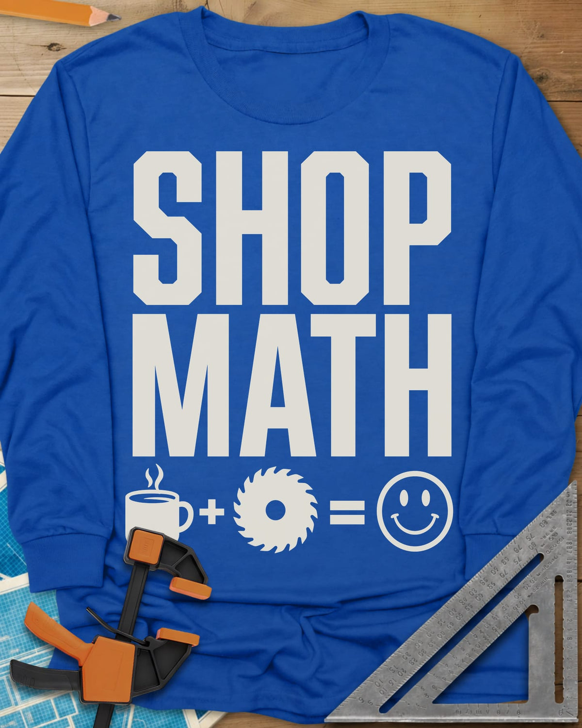 Shop Math long sleeve shirt in Royal, a coffee mug plus a saw blade equals a smiley face