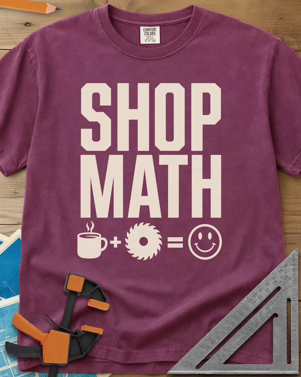 Shop Math heavyweight tee in Berry, a coffee mug plus a saw blade equals a smiley face
