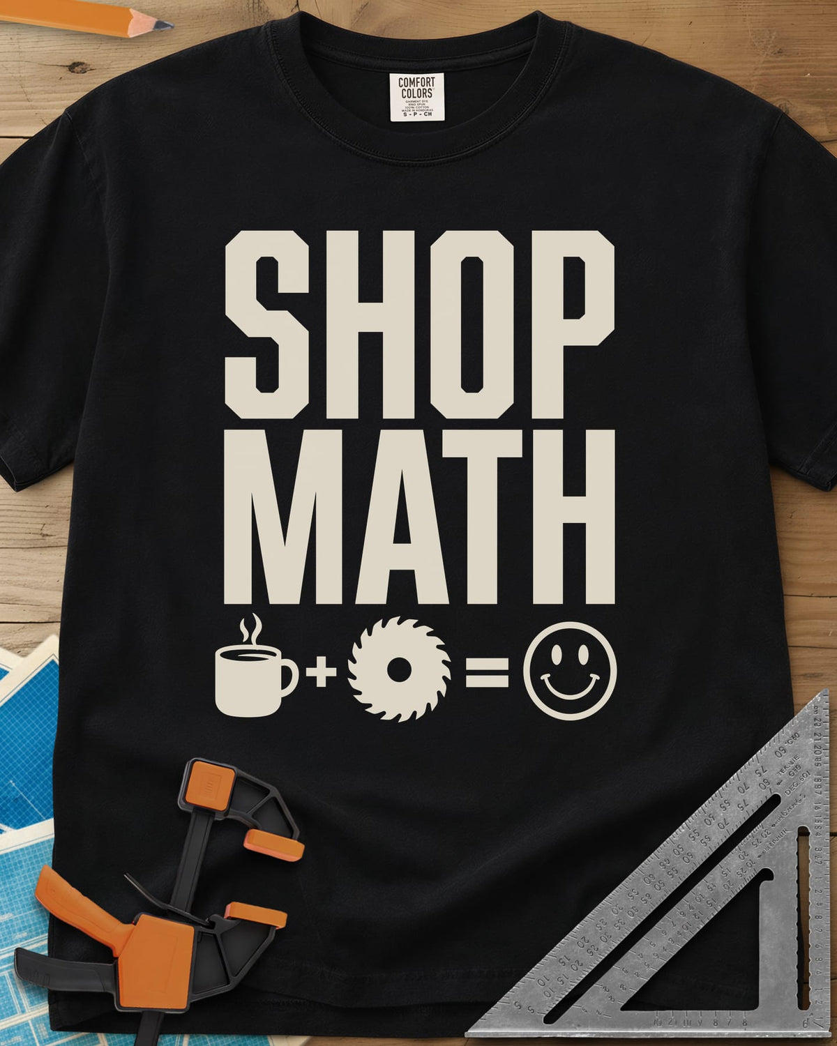Shop Math heavyweight tee in Black, a coffee mug plus a saw blade equals a smiley face
