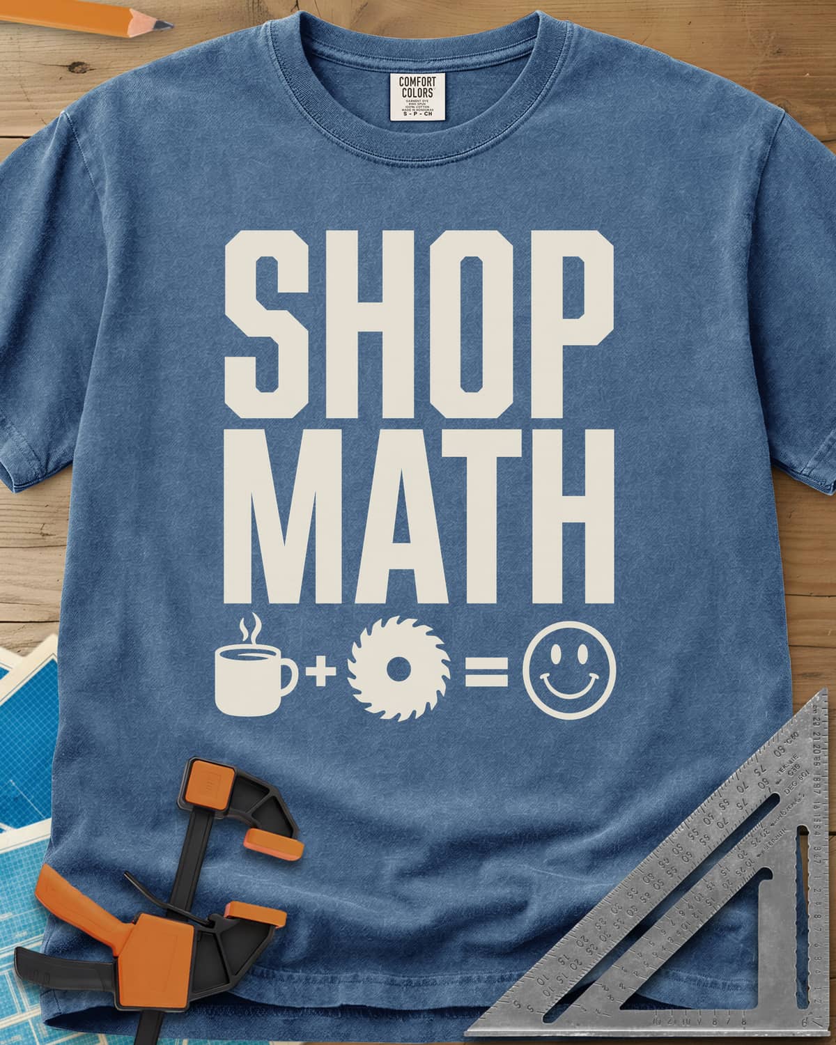 Shop Math heavyweight tee in Blue Jean, a coffee mug plus a saw blade equals a smiley face