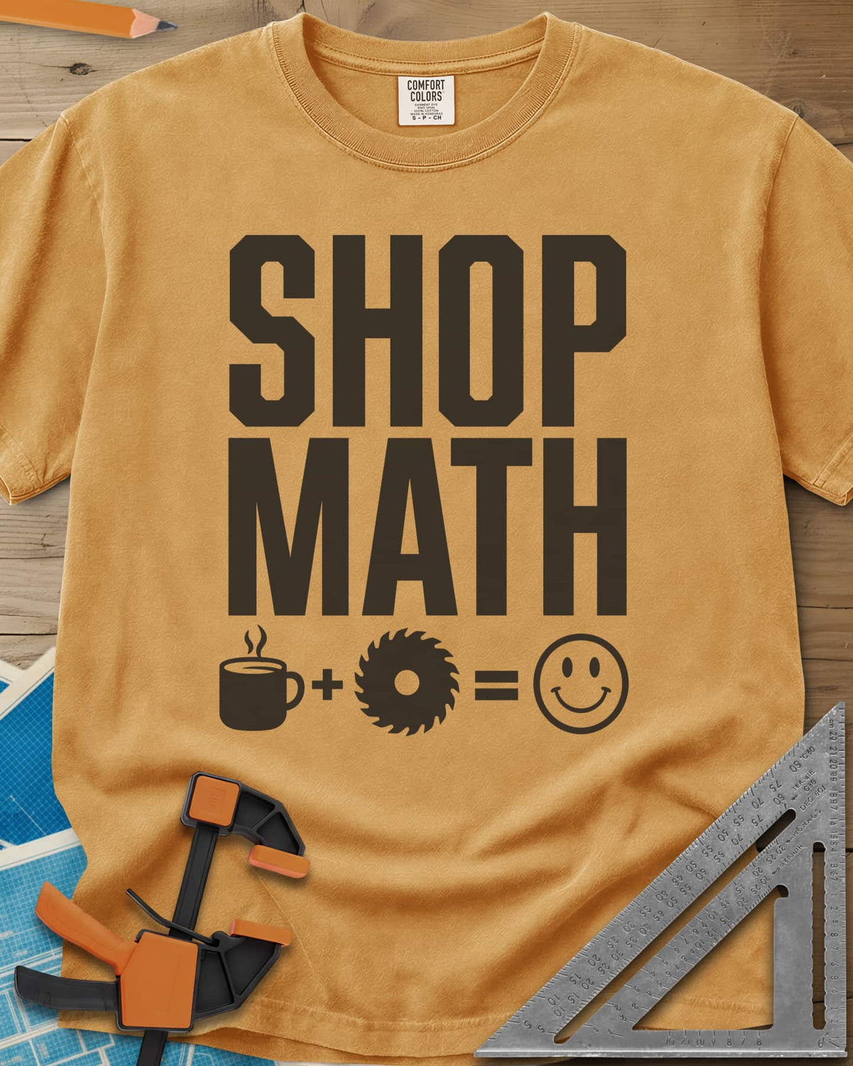Shop Math heavyweight tee in Mustard, a coffee mug plus a saw blade equals a smiley face