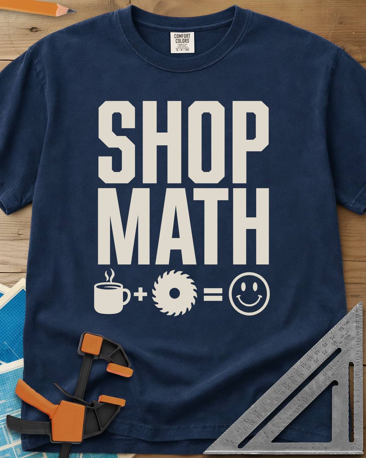 Shop Math heavyweight tee in Navy, a coffee mug plus a saw blade equals a smiley face