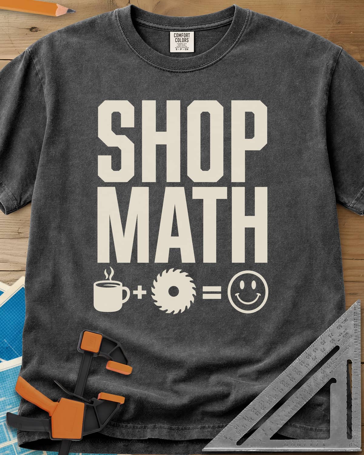 Shop Math heavyweight tee in Pepper, a coffee mug plus a saw blade equals a smiley face