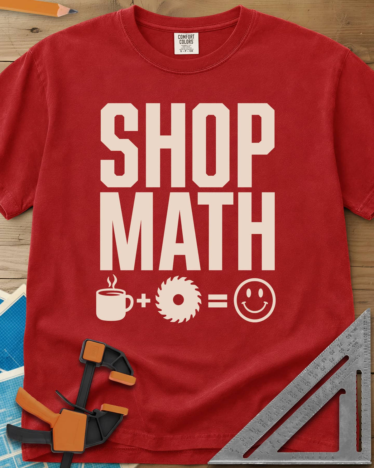 Shop Math heavyweight tee in Red, a coffee mug plus a saw blade equals a smiley face
