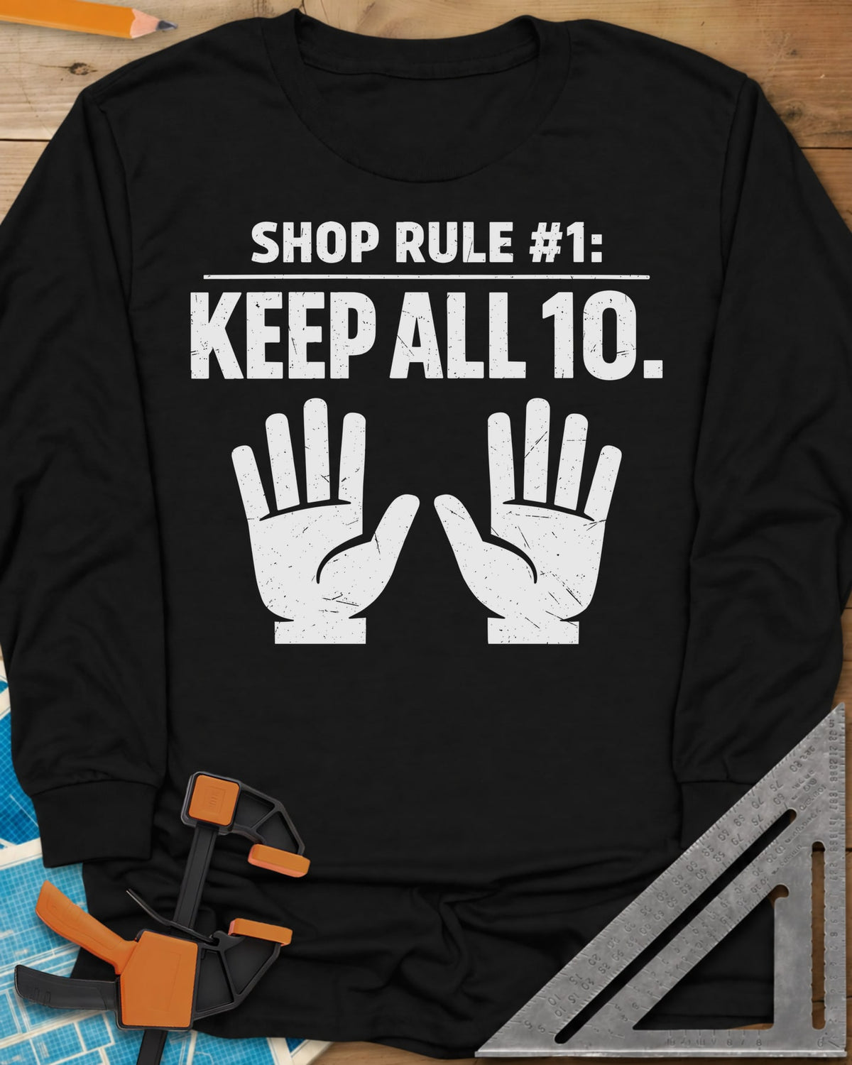 Shop Rule 1 Keep All 10 long sleeve shirt in Black, two open hands showing all ten fingers