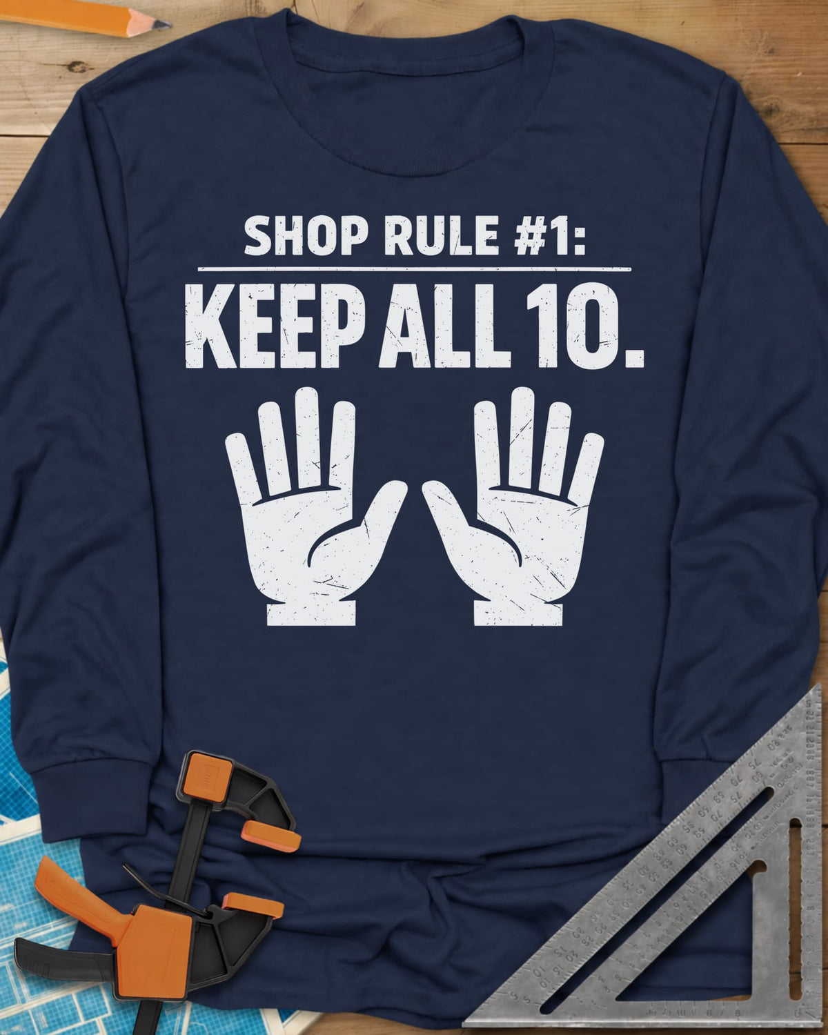 Shop Rule 1 Keep All 10 long sleeve shirt in Navy, two open hands showing all ten fingers
