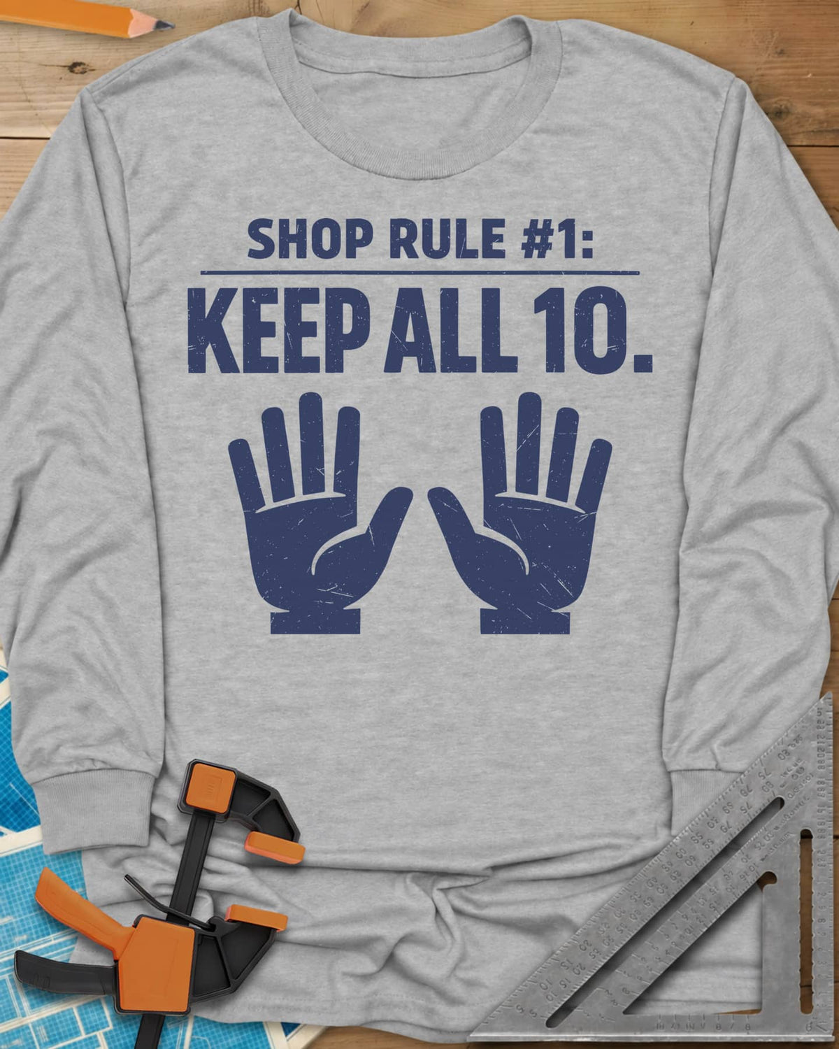 Shop Rule 1 Keep All 10 long sleeve shirt in Sport Grey, two open hands showing all ten fingers