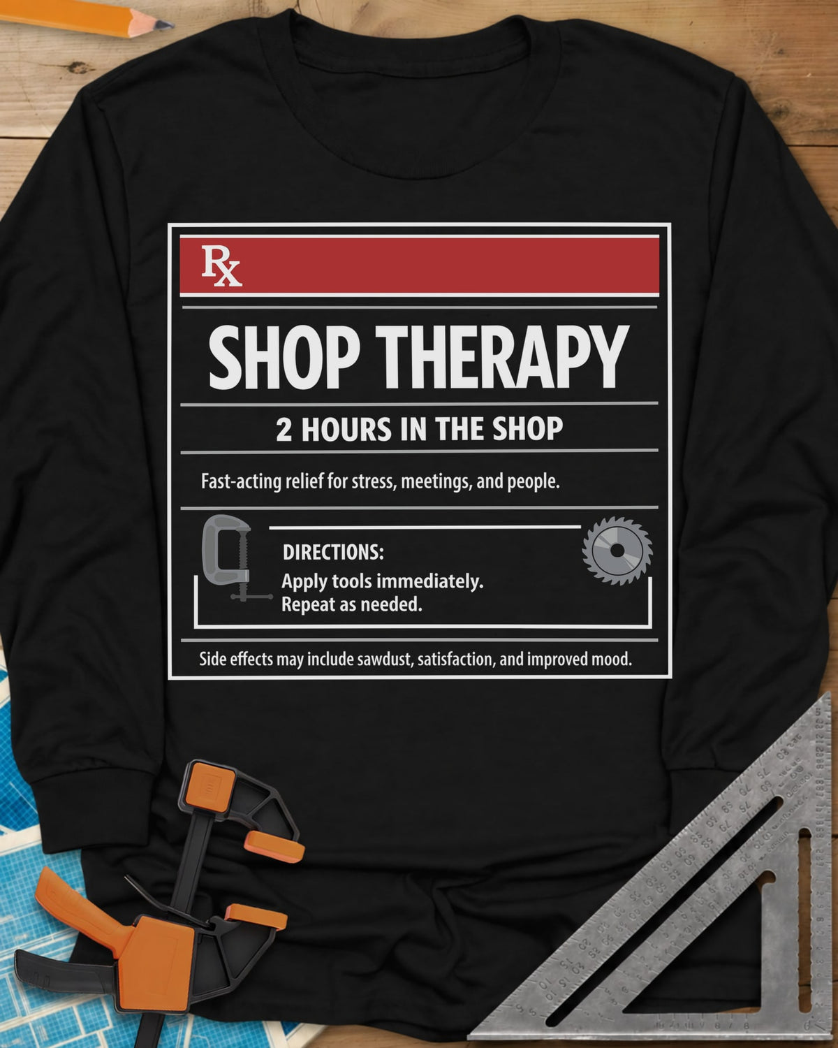 Shop Therapy long sleeve shirt in Black, mock prescription label with clamp and saw blade icons