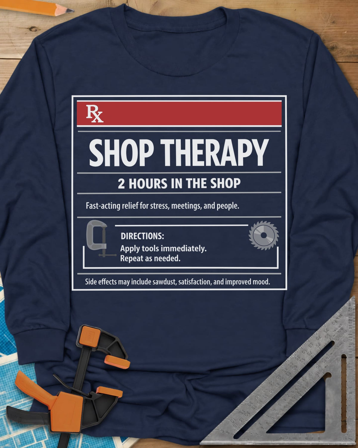 Shop Therapy long sleeve shirt in Navy, mock prescription label with clamp and saw blade icons