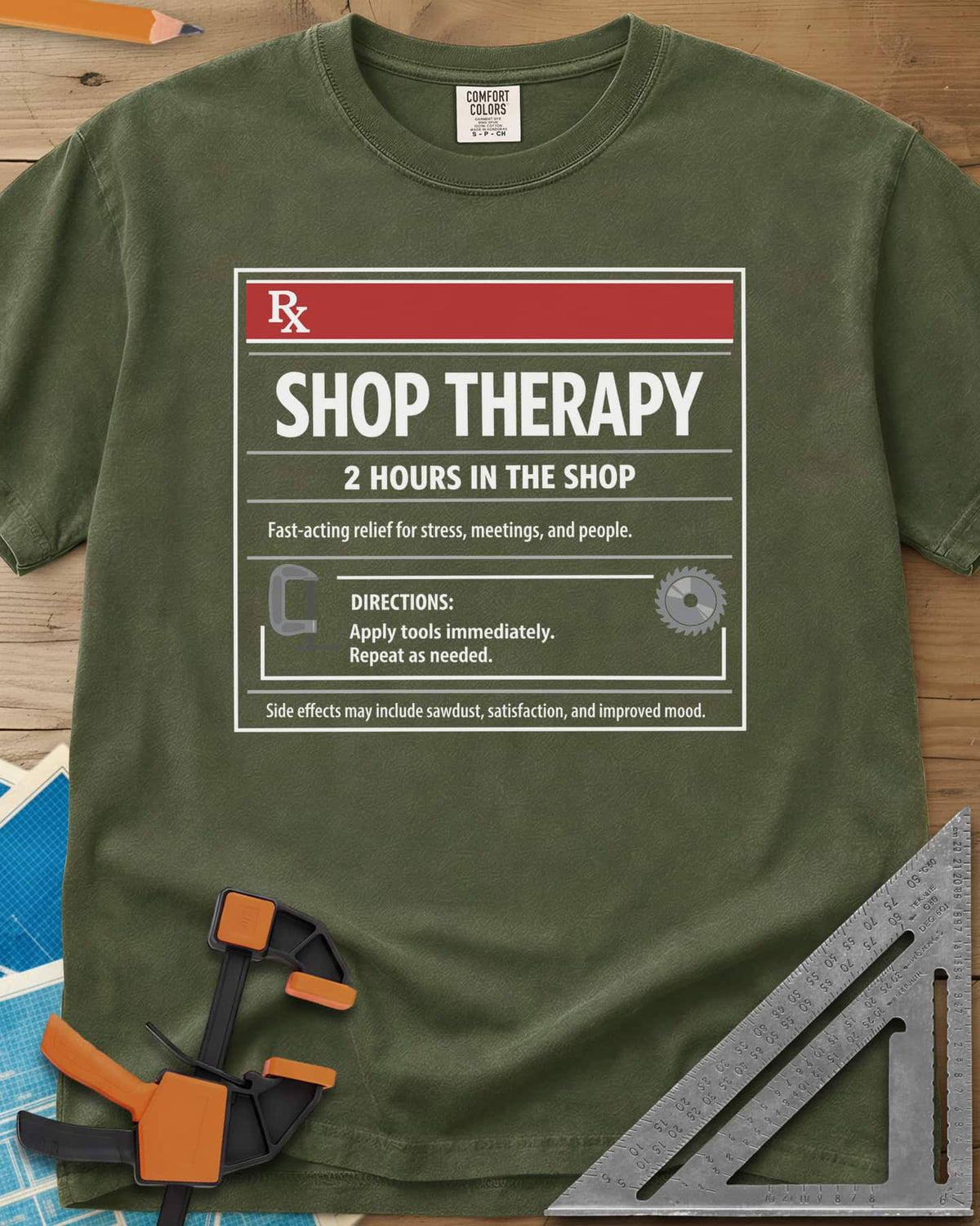 Shop Therapy heavyweight tee in Hemp, mock prescription label with clamp and saw blade icons