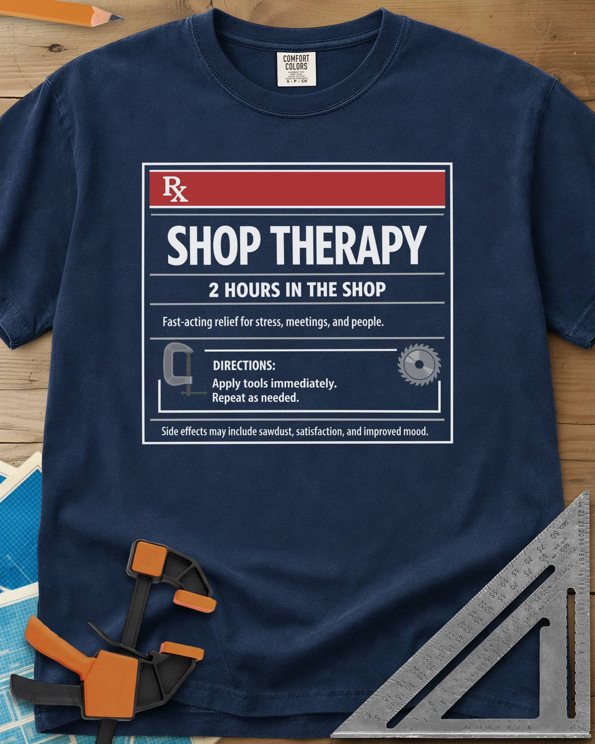 Shop Therapy heavyweight tee in Navy, mock prescription label with clamp and saw blade icons