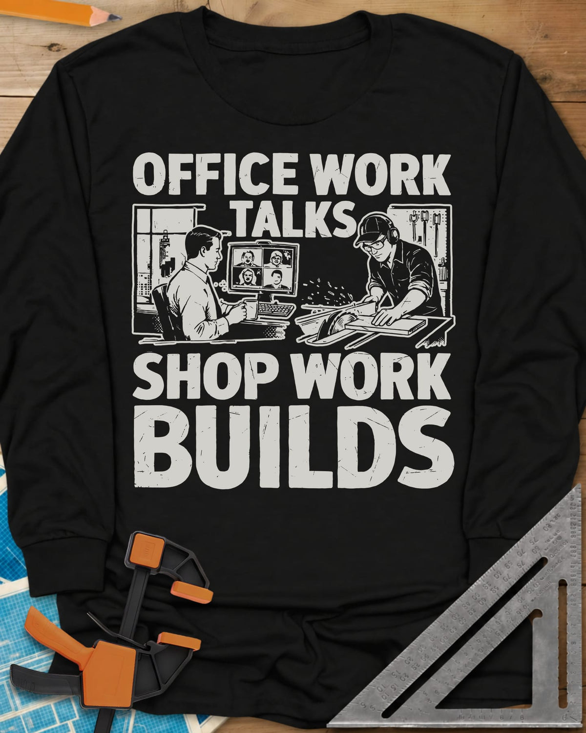 Shop Work long sleeve shirt in Black, a desk worker on a video call beside a man at a table saw