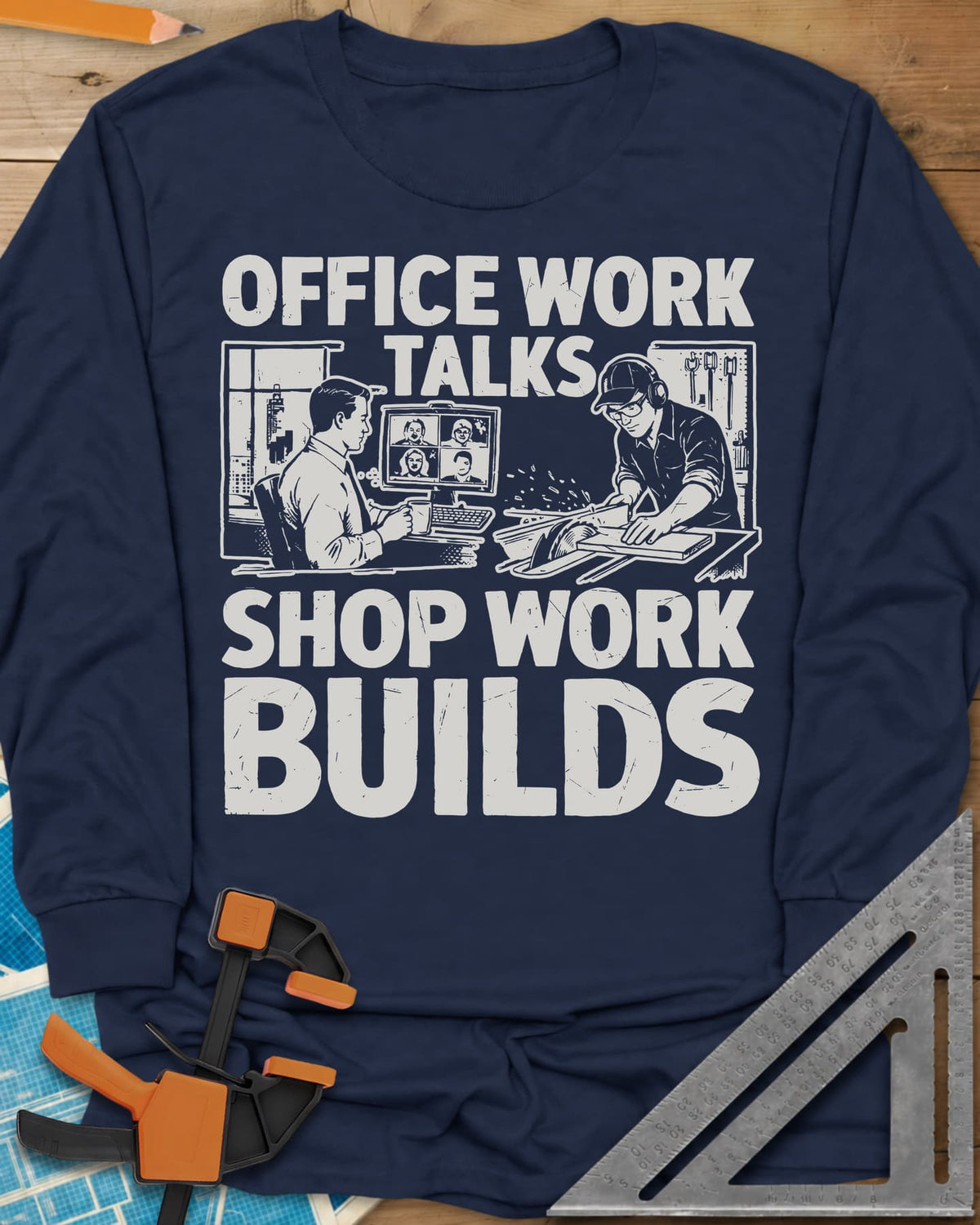 Shop Work long sleeve shirt in Navy, a desk worker on a video call beside a man at a table saw