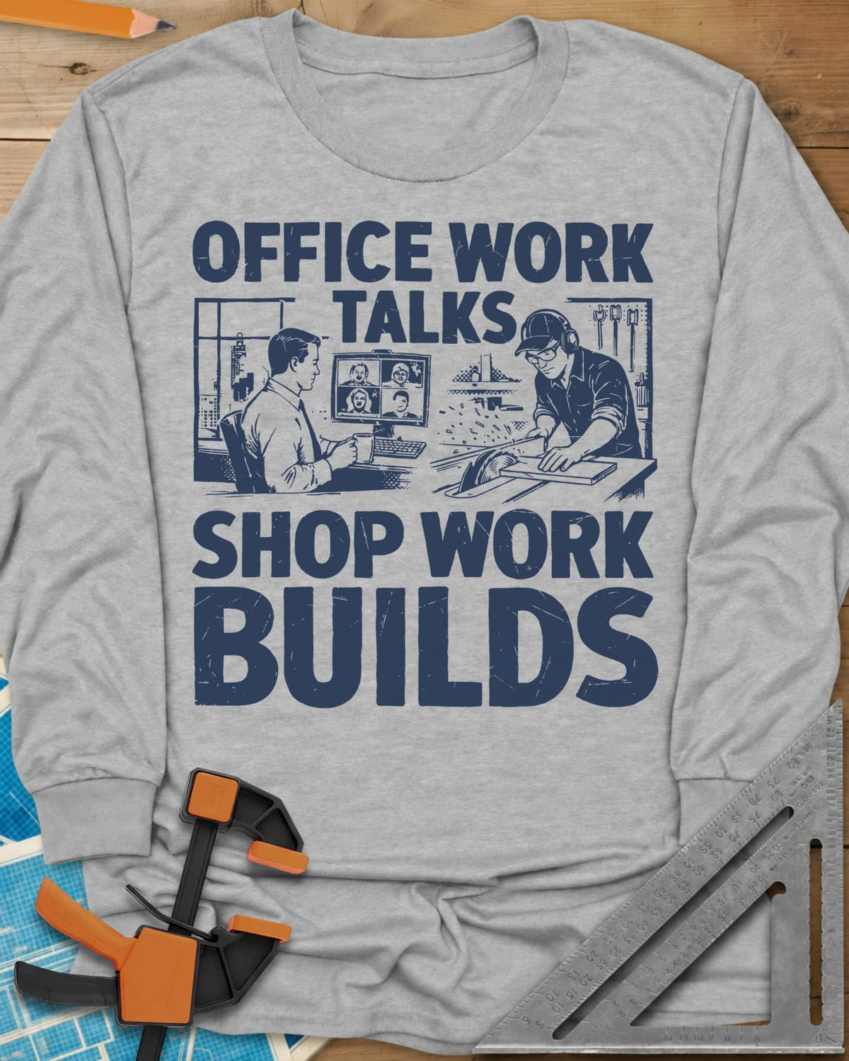 Shop Work long sleeve shirt in Sport Grey, a desk worker on a video call beside a man at a table saw