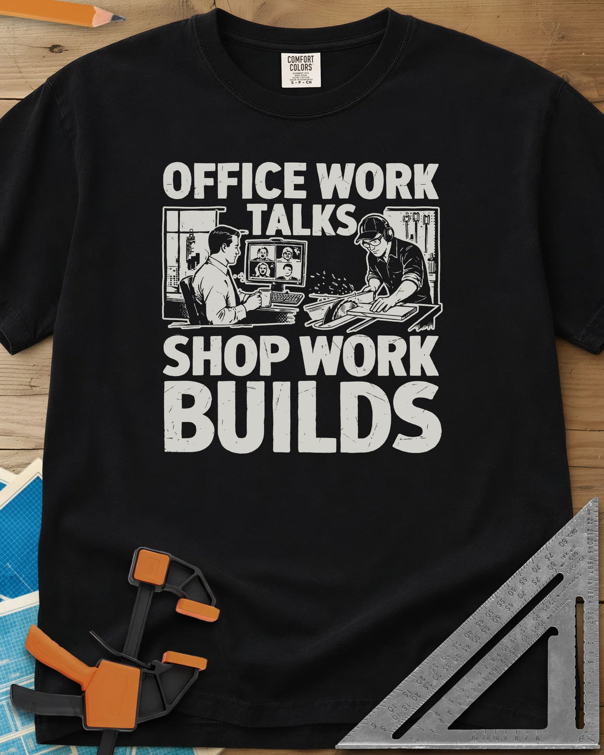 Shop Work heavyweight tee in Black, a desk worker on a video call beside a man at a table saw