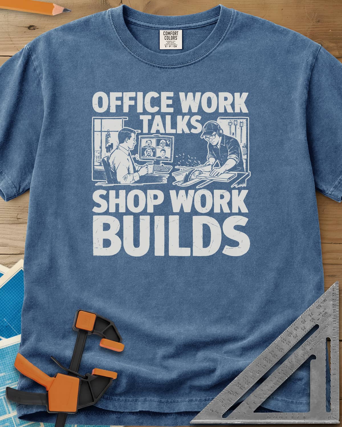 Shop Work heavyweight tee in Blue Jean, a desk worker on a video call beside a man at a table saw