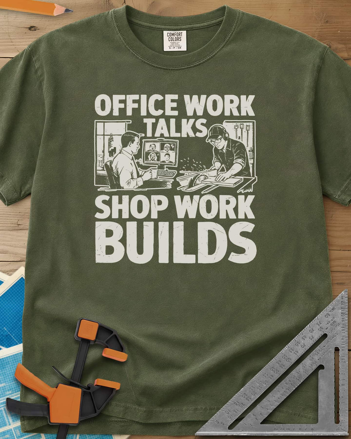 Shop Work heavyweight tee in Hemp, a desk worker on a video call beside a man at a table saw