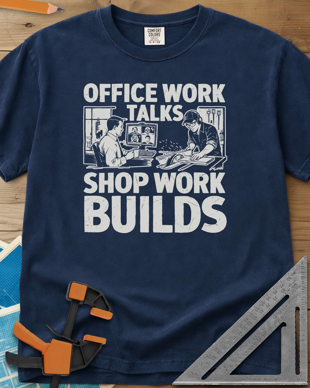 Shop Work heavyweight tee in Navy, a desk worker on a video call beside a man at a table saw