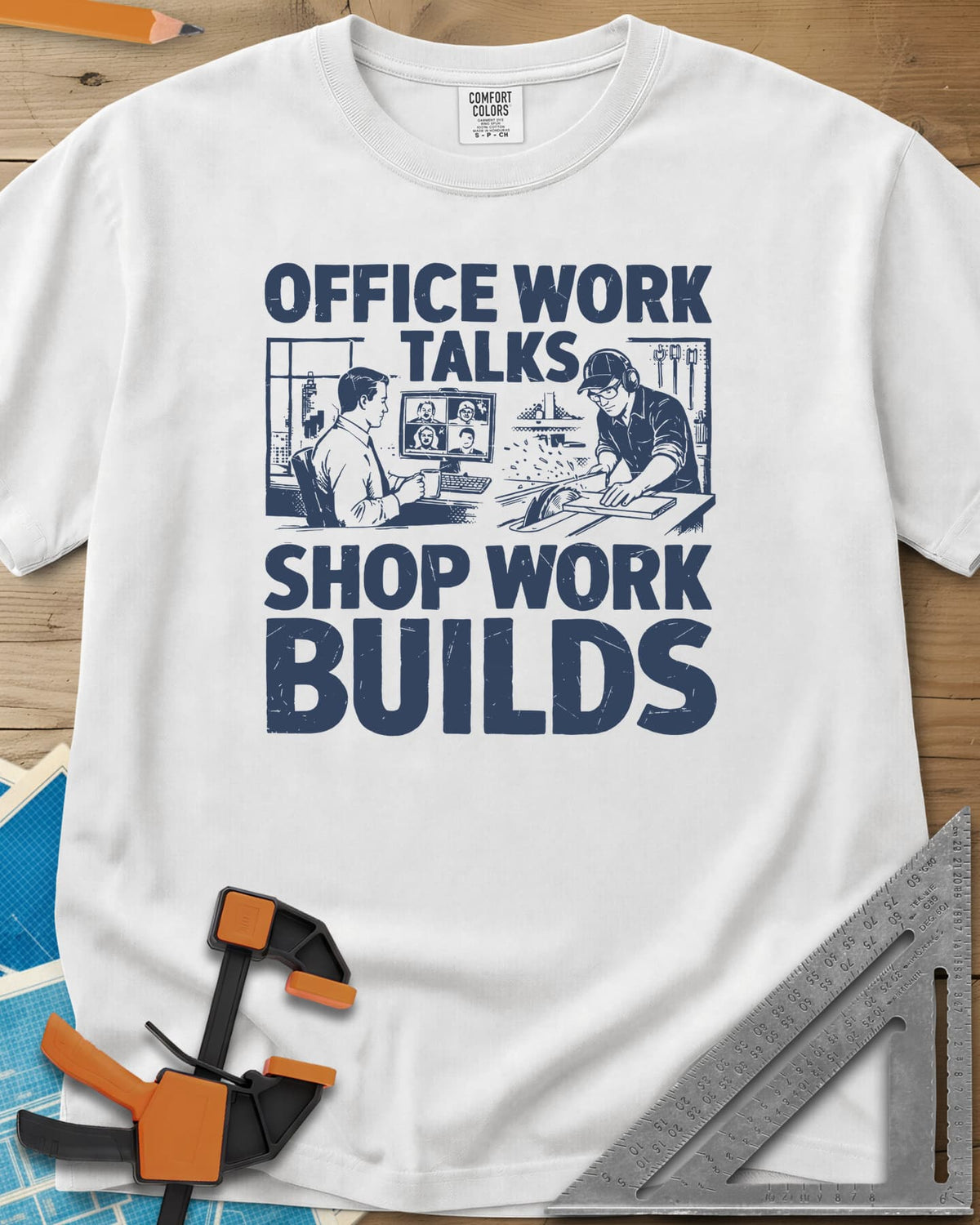 Shop Work heavyweight tee in White, a desk worker on a video call beside a man at a table saw