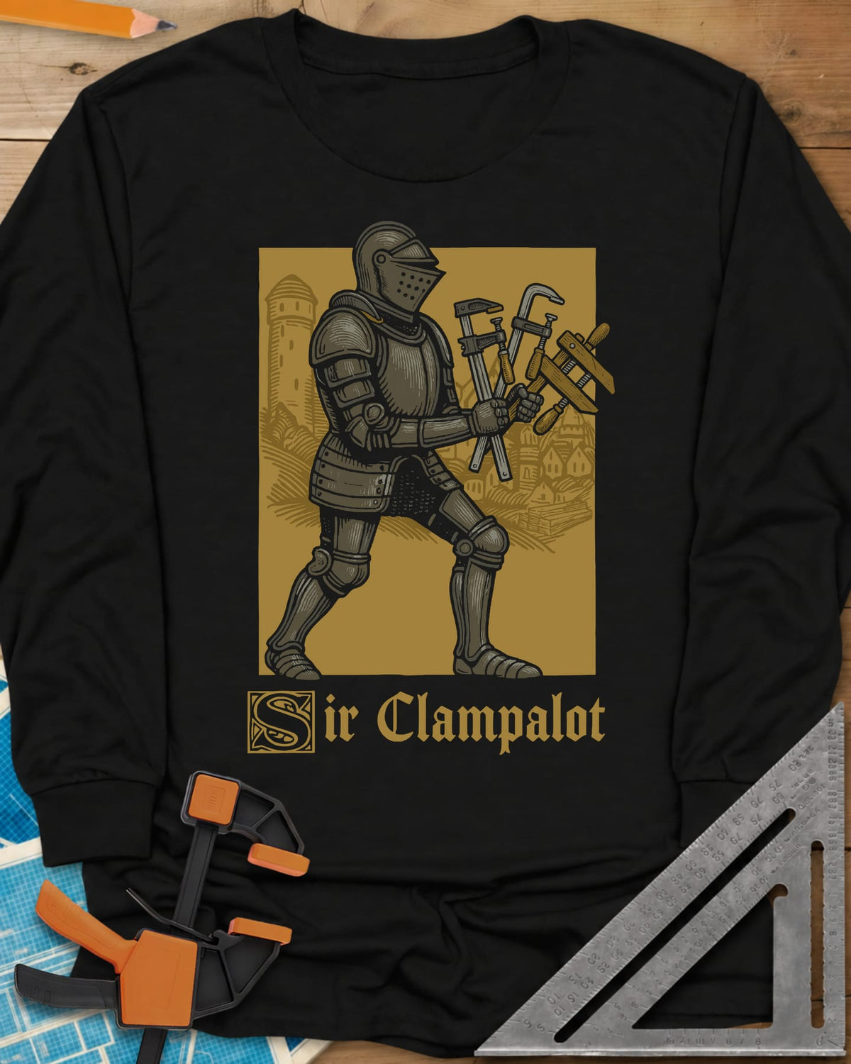 Sir Clampalot long sleeve shirt in Black, an armored knight carrying an armful of clamps