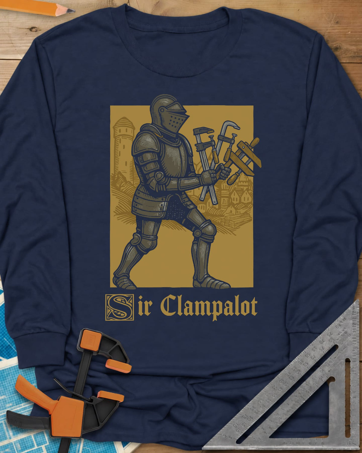 Sir Clampalot long sleeve shirt in Navy, an armored knight carrying an armful of clamps