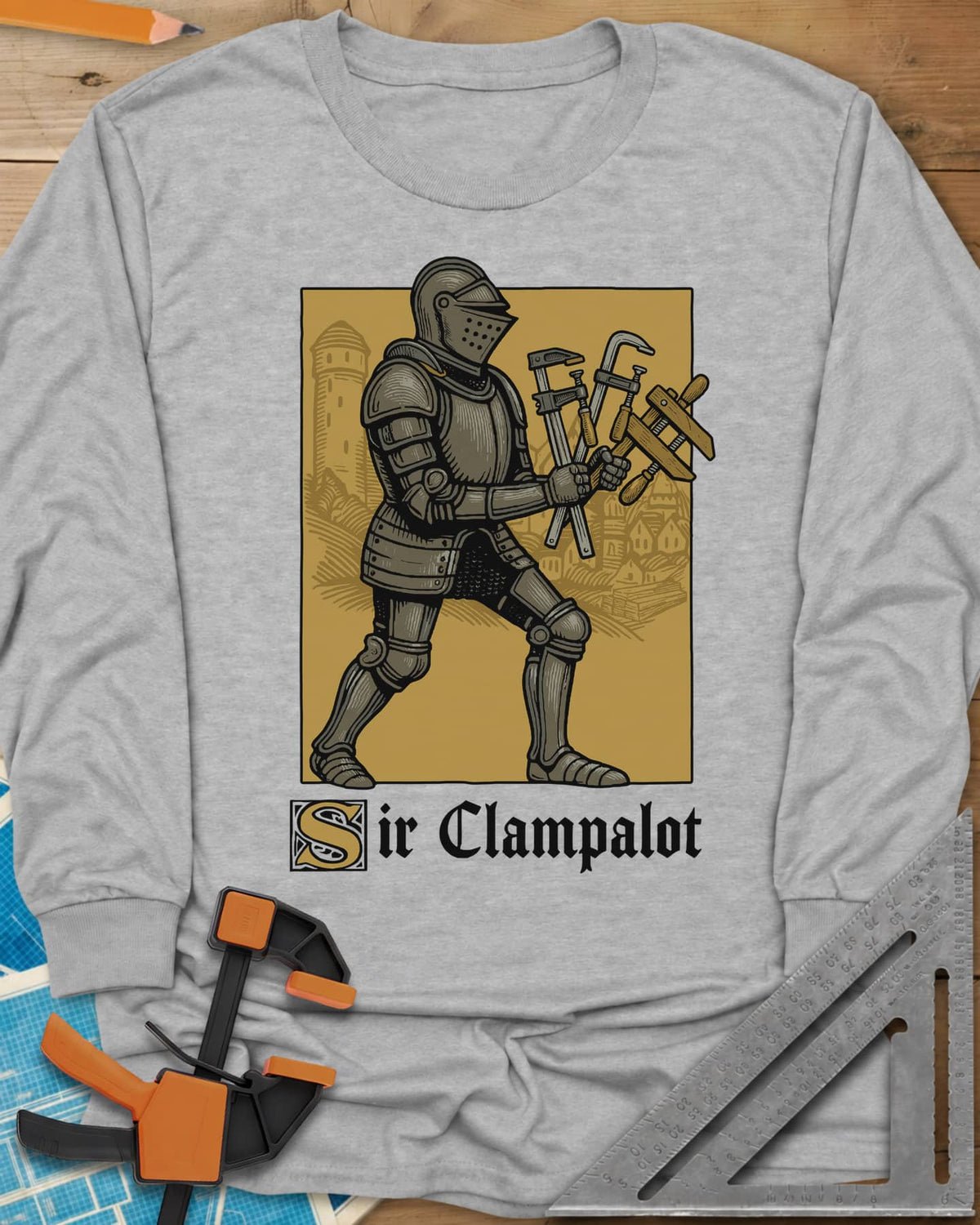 Sir Clampalot long sleeve shirt in Sport Grey, an armored knight carrying an armful of clamps