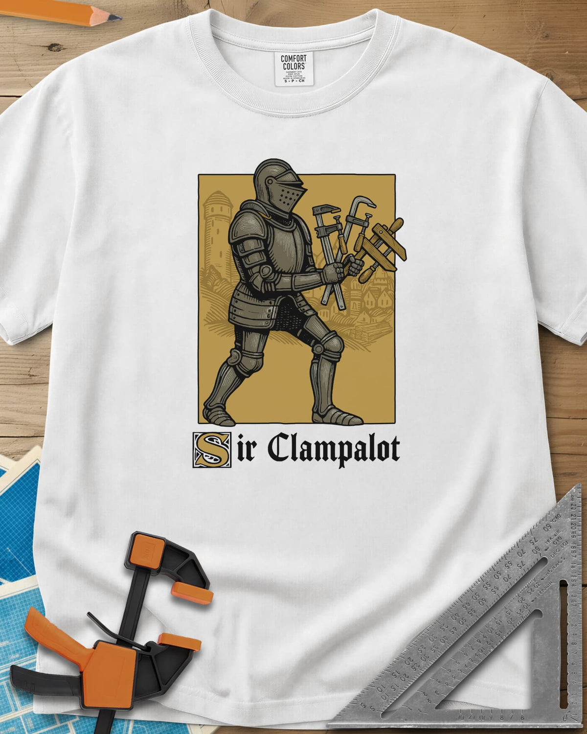 Sir Clampalot heavyweight tee in White, an armored knight carrying an armful of clamps