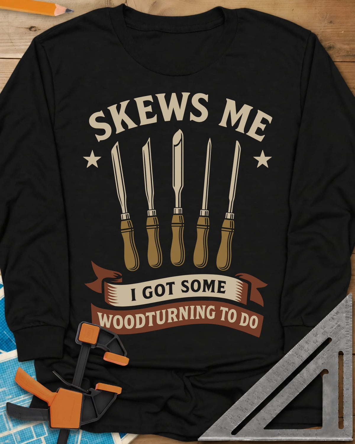 Skews Me long sleeve shirt in Black, five turning tools between two stars above a ribbon banner