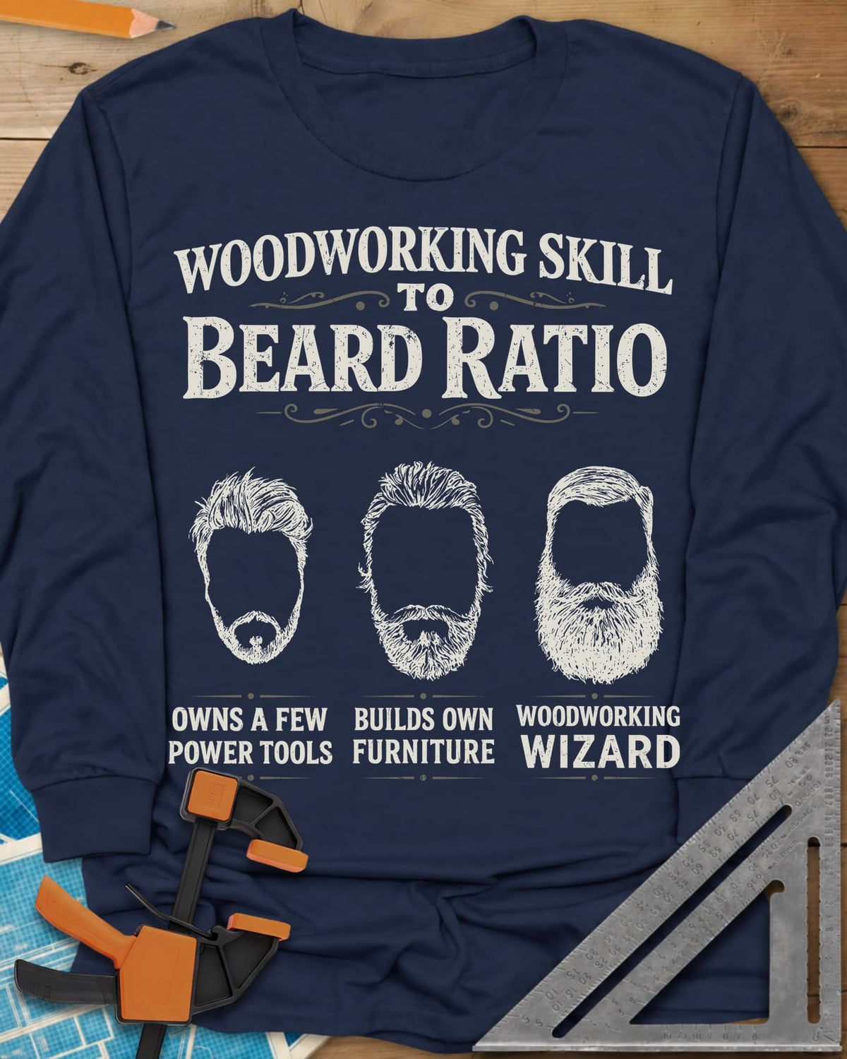 Skill To Beard Ratio long sleeve shirt in Navy, three bearded faces growing from a few power tools to wizard