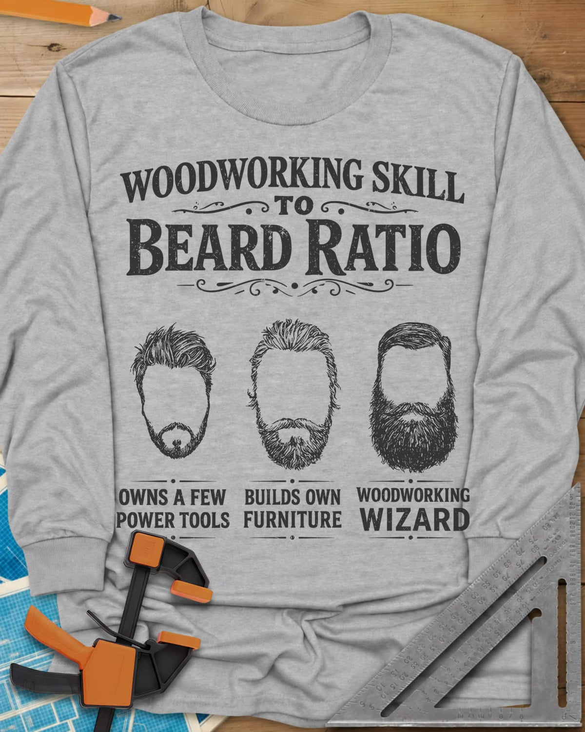 Skill To Beard Ratio long sleeve shirt in Sport Grey, three bearded faces growing from a few power tools to wizard