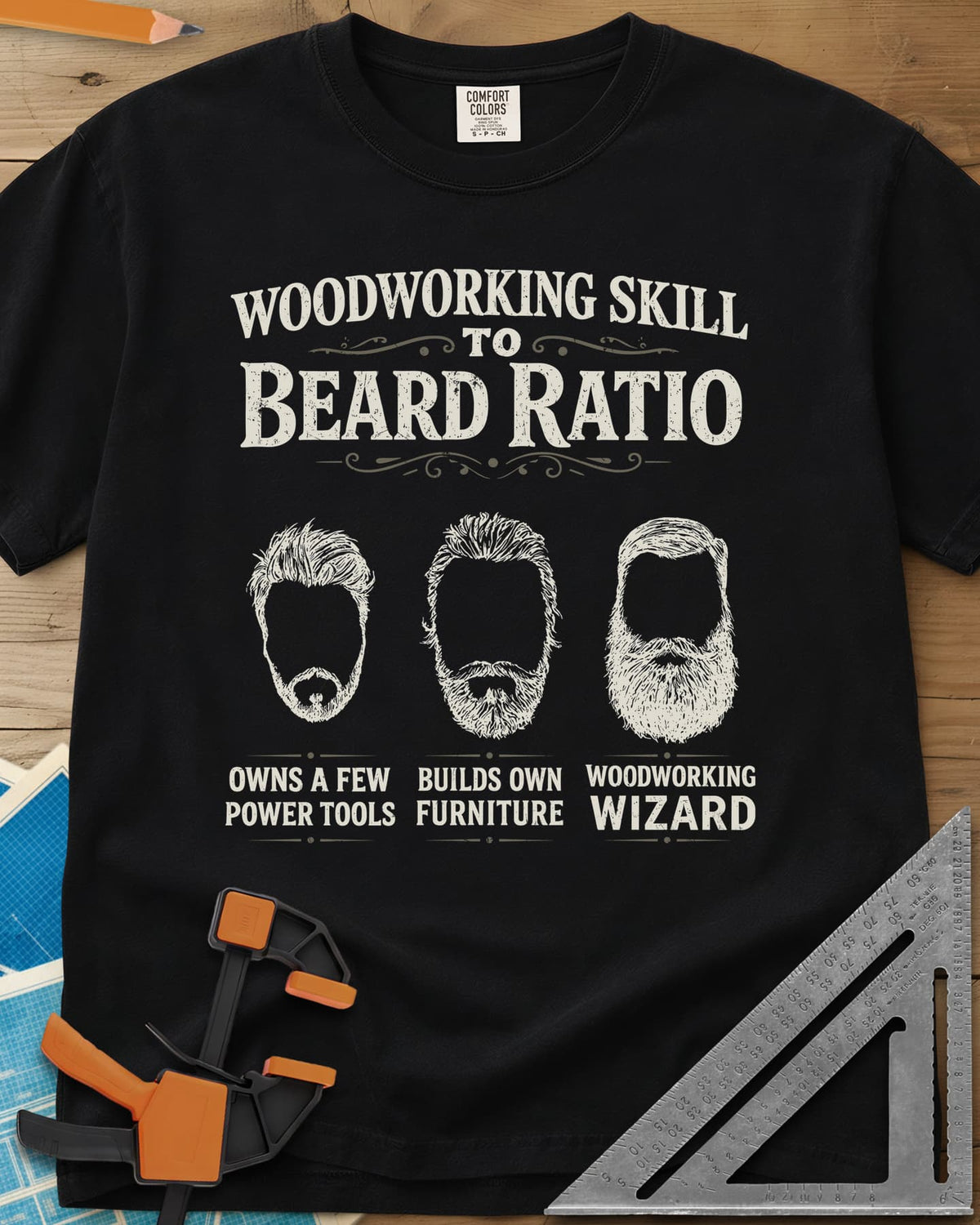 Skill To Beard Ratio heavyweight tee in Black, three bearded faces growing from a few power tools to wizard