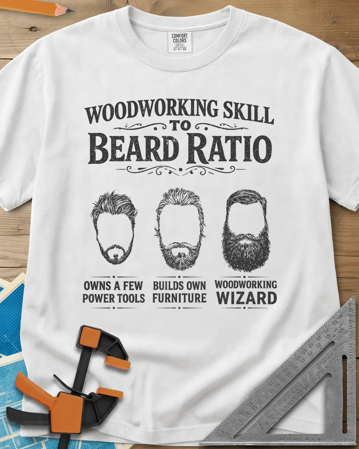 Skill To Beard Ratio heavyweight tee in White, three bearded faces growing from a few power tools to wizard