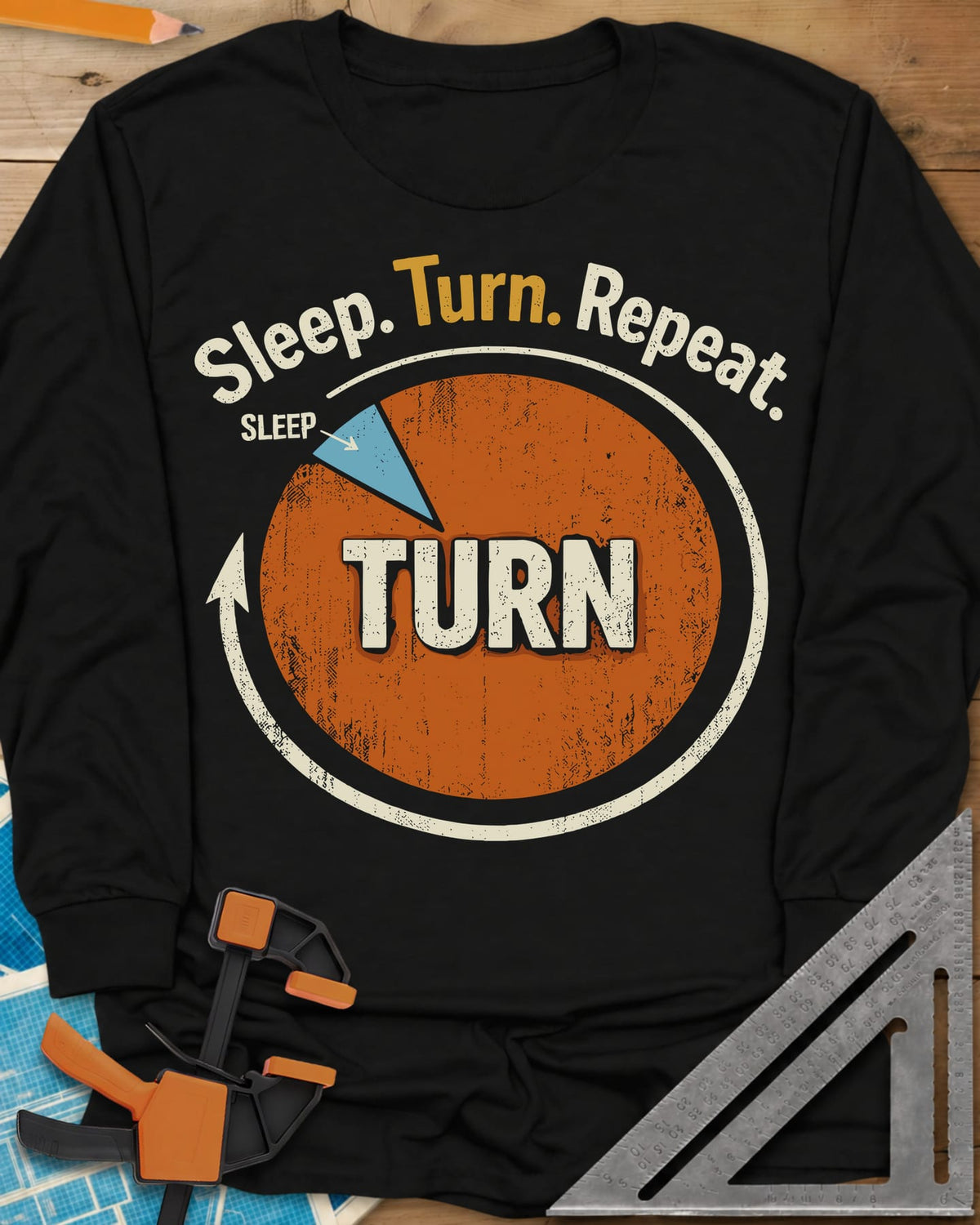 Sleep Turn Repeat long sleeve shirt in Black, a pie chart that is almost all TURN with a sliver of SLEEP